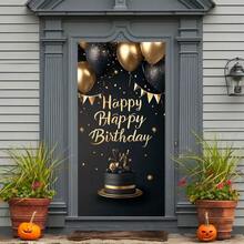1 pieza Pancarta colgante de cumpleaños feliz en 2D, decoración de fiesta de poliéster, sin necesidad de alimentación eléctrica, adecuada para el Día de San Valentín, celebraciones de cumpleaños y talla grande - Negro - Ver 5