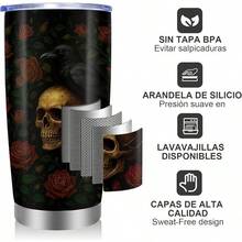 Taza Aislada de 20 oz Día de los Muertos y Halloween - Aislamiento de Doble Pared, Diseño de Calavera y Catrinas - Ideal para Café y Agua - Decoración Festiva para el Hogar o la Oficina (Múltiples Colores) - Rojo - Ver 2