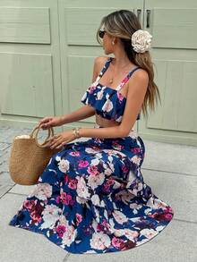Women's 2 Pieces Ditsy Floral Sleeveless Top And Ruffle Hem Maxi Skirt Set, Casual Beach Dress - Multicolor - View 4