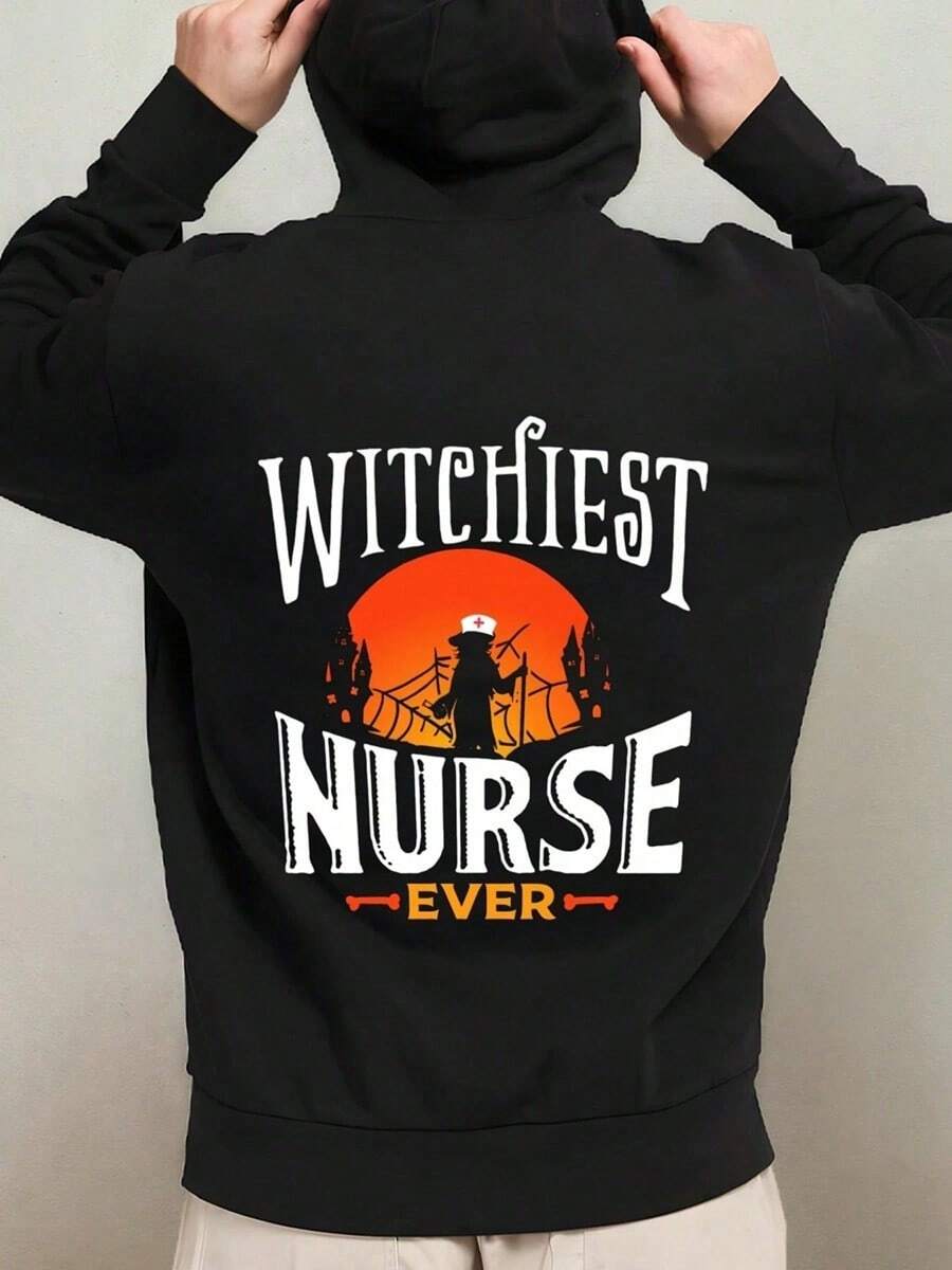 Men's Funny Witch & Wiccan Hooded Sweatshirt - Wickest Nurse Ever & BatsSkeletons Graphic, Polyester Pullover Hoodie For Halloween, Fall Winter Warmth, Casual Streetwear, Witch-Themed Party Outfit,Fall Hoodies,Men's Fall Clothes,Street Wear,Halloween,Mens Hoodies,Y2k Clothes,Jesus Hoodie,Thanksgiving Day,Nightmare Before Christmas,Christmas - 黑色 - 查看 1
