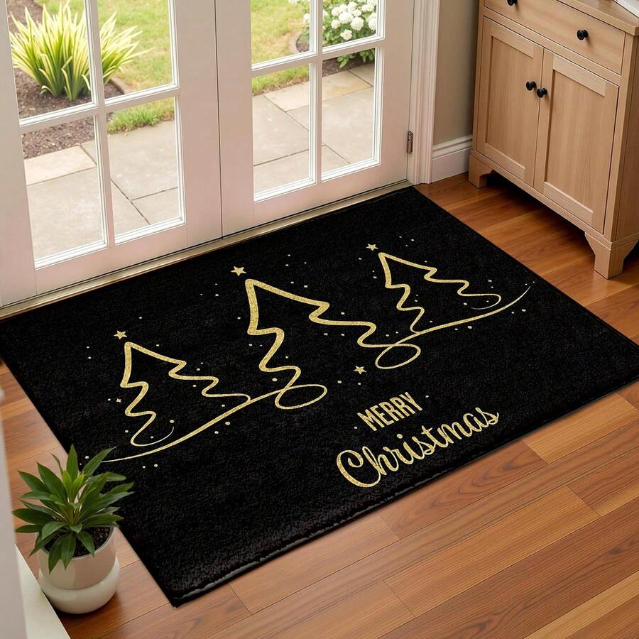 1 buc. Covoraș de Crăciun cu 3 linii aurii, cu decor de stea deasupra și modele împrăștiate de stele și puncte, suprafață din lână artificială TPR în partea de jos, decor de sărbătoare pentru intrare, baie, bucătărie, spălătorie, casă, petrecere, nuntă, sufragerie - Multicolor - Vizualizare 1
