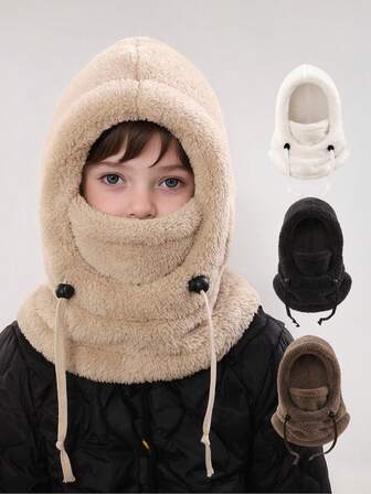 1PC Solid Color Children's Plush Earmuffs Integrated Hood Suitable For Keeping Warm And Daily Travel