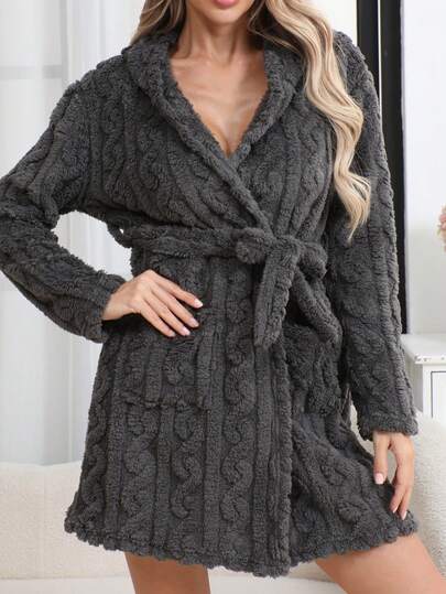 1 Stück Damen Einfarbiger gerippter Kimono Bademantel, minimalistischer Bademantel mit Gürtel, Loungewear für Frühling, Herbst & Winter