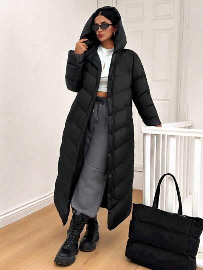 Damski, długi, nadmuchiwany, luksusowy, swobodny płaszcz polarowy z kieszeniami na zamek, jednolity kolor