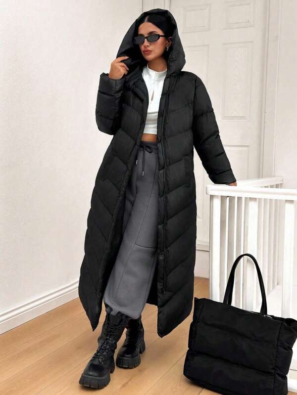 Damski, długi, nadmuchiwany, luksusowy, swobodny płaszcz polarowy z kieszeniami na zamek, jednolity kolor