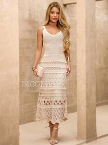 Women's Midi Dress, Lace Tricot, Party, Beach, Sophisticated, New Year's Eve, Christmas, Holidays, Beach, Wedding, Godmother - 沙 - 查看 1