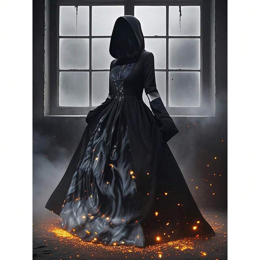 Women's Gothic Hooded Dresses, Medieval Corsets, Witch Vampire Renaissance Dresses, Victorian Dresses, Halloween Cosplay Costumes - 黑色 - 查看 1