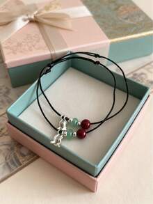 2er Set handgefertigtes einstellbares schwarzes Seil, runde jade-ähnliche Perlen Armband, transparente Textur, minimalistisches Design, einstellbare Länge, ideal für den täglichen Gebrauch, Festivals, Geschenke oder Paar