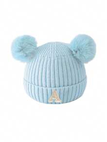 1PC Baby A-Z Letter Knitted Caps Kids 0-3Y Winter Warmth, Double-Layer Thickening Baby Wool Knitted Bonnet Newborn Baby Hat Double Pompom Cute Hat For Kids Boys Girls Children Beanie Cap
