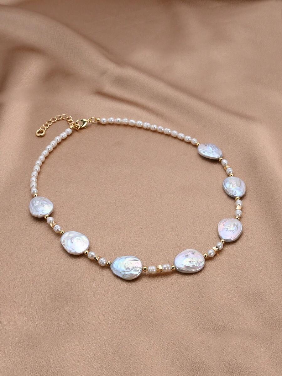 1 pièce Collier de perle naturelle plaqué or 18 carats, cadeau élégant pour femme, convient pour le mariage, les fiançailles, la fête des mères, la Saint-Valentin, l'anniversaire, la mariée - Blanc - Voir 1