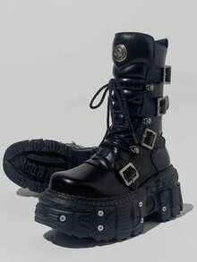 Goth Platform Chunky Boots For Women Lace Up Round Toe Rivet Combat Boots Daily Casual Cosplay Or Gothic Dresses Halloween Concert Festival Mid-Calf Boots - 黑色 - 查看 9