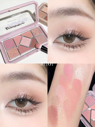  HOLD LIVE Mini Pink Frame 9-Color Eyeshadow Palette, Glass Sugar Paper Pearls, Matte Blush, Sensual Blue Eyeshadow