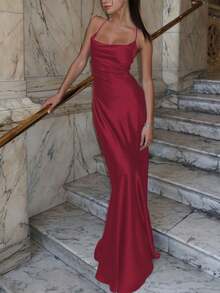 Women Summer Solid Backless Lace Up Satin Long Dress Bodycon Sexy Slim Elegant Party Dress Prom Evening Clothes