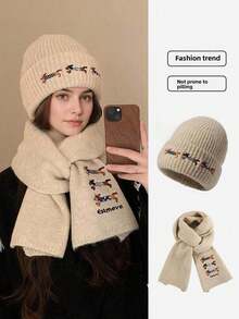 Women's Cute 3 Dachshund Dogs Knitted Hat And Scarf 2 Pieces Set, Warm And Windproof For Outdoor Use In Autumn/Winter Fall Valentines Gift