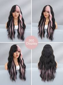 7JHH WIGS Long Wave Black & Pink Highlight Wigs For Women - Loose Fluffy Wavy Curly Wig With Bangs, Full Machine High Density Synthetic Heat Resistant Fiber Hair, Exaggerated Style Anime Halloween Costume Wigs For Cosplay Wear, Masquerade Ball & Music Festival Carnival Party Use 26 Inch - 挑染粉色 - 查看 6