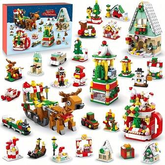Juego de bloques de construcción de 24 días de Navidad, Papá Noel, renos, árbol de Navidad, casa, tren, bloques de construcción, regalo de Navidad