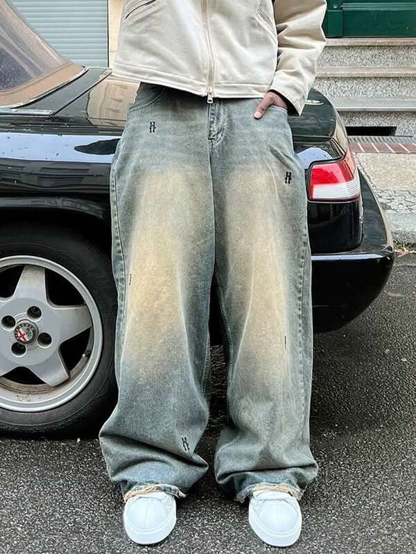 Herren Vintage gewaschen senf-gelb Loose Fit Lässig Hose mit Taschen, amerikanische Straßenmode Stickerei Weite Bein Hose, Ganzjährig