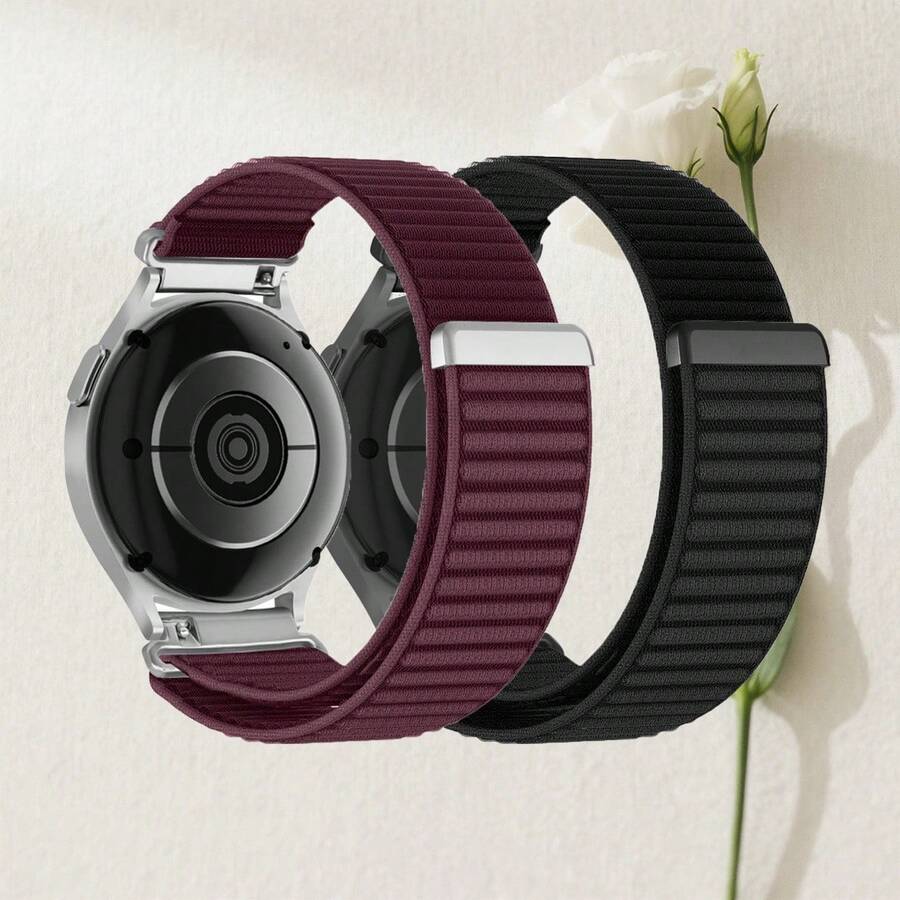 2条18mm/20mm/22mm快拆尼龙表带，兼容三星Galaxy Watch 7/4/5/6 40mm/44mm/6 Classic 43mm/47mm/Active 2/Gear S3 Classic，男女通用；尼龙表带，适用于HW Watch GT5/GT4 41mm/46mm/GT2/GT 3 42mm/46mm/HW Watch 4 Pro/GT 5 Pro；可调节腕带，适用于Garmin Fenix 7/6/5/Forerunner 945/645/265/255/Venu/Vivomove 3s/Amazfit GTR4/Bip 3 Pro/Stratos/GTS 3智能手表 - 山地紋 黑色+梅子色 - 查看 1