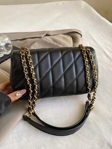 优雅女士单肩包，搭配金色链条肩带、粉色点缀和经典设计 - 时尚双色斜挎包，适合日常使用 - 黑色 - 查看 7