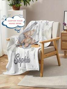 1pc Soft Flannel Personalized Teddy Bear & Moon Pattern Blanket, Customizable Name, Suitable For Bedroom, Living Room - Modern Style, Soft & Warm Flannel, Multipurpose, Can Be Used On Sofa, Bed, Travel, Camping, Office - Easy Care, Great For Napping, Camping And Travel, Washable, Cute Customized, Unique, Personalized, Ideal Gift For Family, Friends, Son, Daughter, Loved Ones, Suitable For Sofa, Bed, Car, Tea Room, Bedroom, Living Room - Bear - View 3