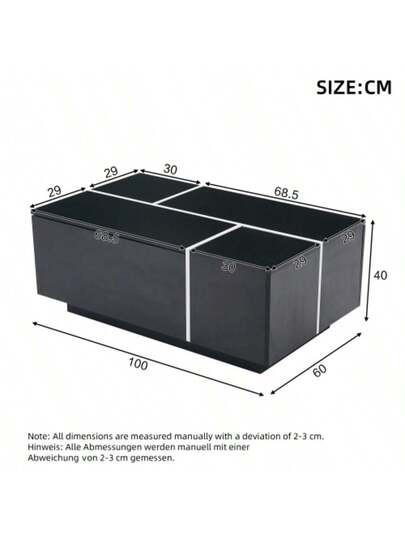 Moderne Zwart Square Coffee Table, Sofa Tafel In Patchwork High Gloss Finish, 100 60 40 Cm Living Room Four Drawers, Sliding Top, Load Capacity Up To 30 Kg view 4