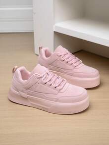 Women's Simple Patchwork Comfortable Versatile Casual Black Flat Shoes, Personalized Outdoor Fashion Business Lace-Up Skateboard Sneakers - Pink - View 11