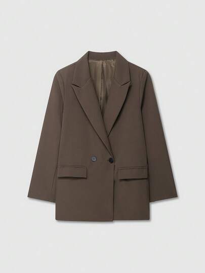 בלייזר חום קז'ואל משרדי לנשים עם חזה כפול וצווארון דש בצבע ישן של Old Money, שרוול ארוך בצבע אחיד, מינימליסטי ואופנתי, מתאים לאביב/סתיו/חורף