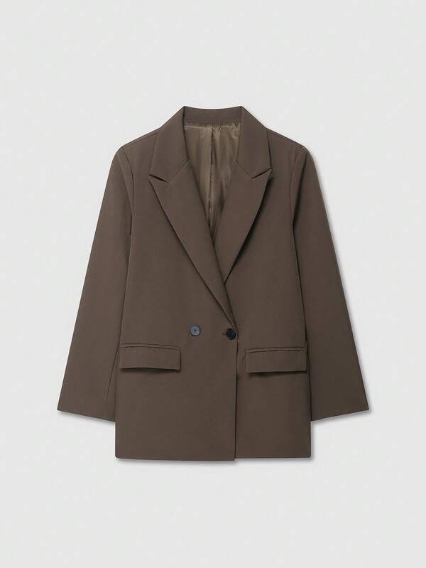 Old Money Loose Women's Double-Breasted Lapel Collar Office Casual Brown Blazer,Solid Color Long Sleeve,Minimalist&Fashionable,Suitable For Spring/Autumn/Winter