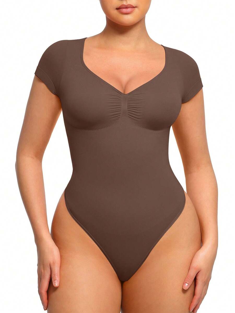 FeelinGirl Summer Women Short Sleeve Bodysuit V Neck Tummy Control Shapewear Seamless Thong Body Suits Tops - màu nâu - Xem 1
