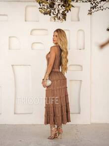 Women's Midi Dress Knit Summer Crochet Ruffles Party Beach Elegant - 摩卡棕 - 查看 6