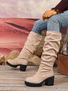 女士圆头粗跟仿麂皮褶皱设计长靴 - 高筒靴 - 坡跟厚底过膝长靴，复古风、休闲风、优雅风、通勤风、商务休闲风、派对风、性感风、西部风，女士靴子 - 米色 - 查看 3