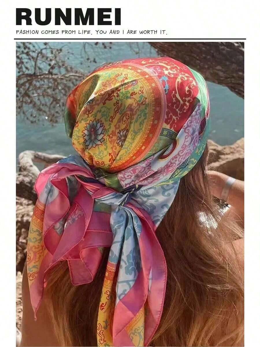 1pc Minimalist Printed Satin Square Scarf, New Spring Fashion Headscarf For Women, Can Be Used As Waistband, Bag Decoration, Ribbon, Headband Or Scarf, Ideal Choice To Enhance Your Overall Look - Nhiều màu - Xem 1