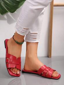 Sandale noi pentru femei, mărime plus, cu vârful deschis, cu gol, casual, plate, design minimalist confortabil, versatile, potrivite pentru plajă, vacanță, vară - roșu - Vizualizare 5