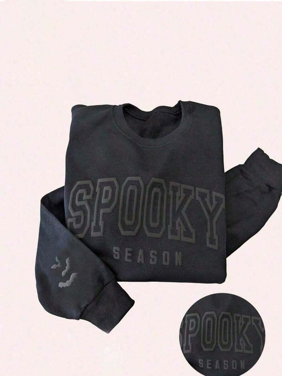 Halloween Print Drop Shoulder Sweatshirt Fall Cloth Women Plaid Cotton Long Sleeve Autumn Women Clothing