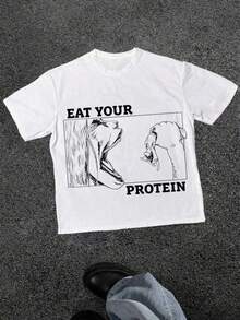 Eat Your Protein Graphic T-Shirt,Comfortable Casual Short Sleeve, 220 Grams Heavyweight Cotton Printed T-Shirt - trắng - Xem 1