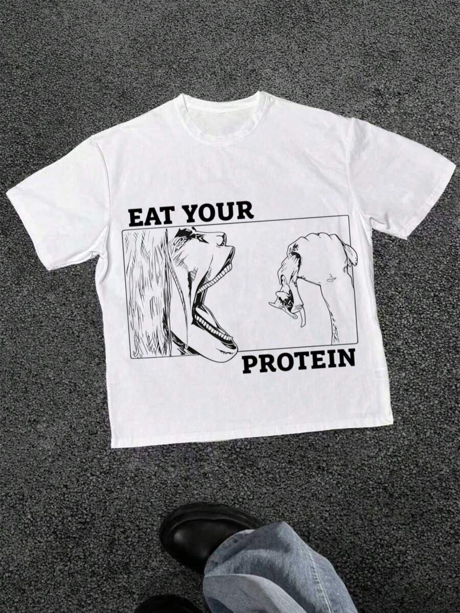 Eat Your Protein Graphic T-Shirt,Comfortable Casual Short Sleeve, 220 Grams Heavyweight Cotton Printed T-Shirt - trắng - Xem 1