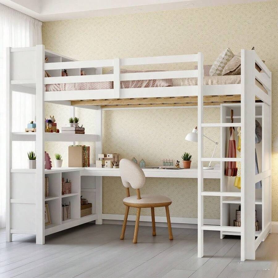 Hochbett 140x200 cm mit SCHREIBTISCH & KLEIDERSCHRANK | Komplett-Arbeitsplatz mit Regalen & Ablagefächern | Raumwunder für kleine Zimmer | Ohne Matratze, weiß