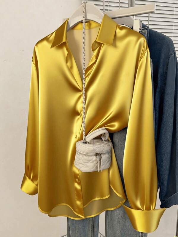 Women's Satin Shirt, Business Casual Button-Down Blouse With Notch Lapel, Elegant Office & Lounge Top For Fall Winter Spring