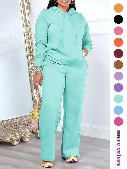 Women's Casual 2 Pieces Set, Solid Color Elegant Long Sleeve Hooded Sweatshirt With Drawstring Pocket And Straight Leg Drawstring Pants