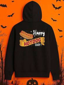 1 Paquete Sudadera con capucha divertida con gráfico de perro caliente para hombres - Impresión humorística del Día del Perro Caliente Feliz con perro caliente y panecillos de dibujos animados, de poliéster duradero para todas las estaciones, sudadera casual para Navidad, Halloween, Otoño - Negro - Ver 1