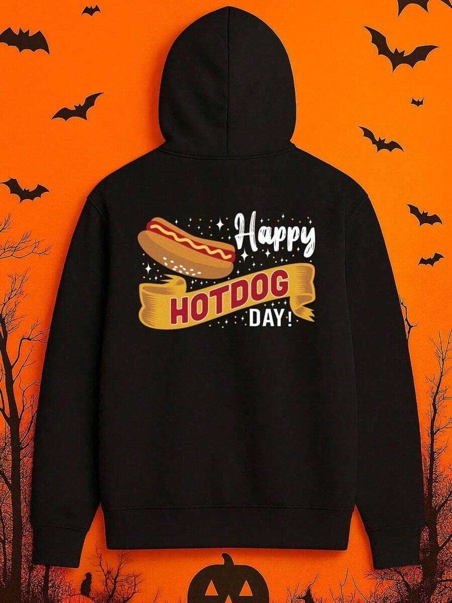 1 Paquete Sudadera con capucha divertida con gráfico de perro caliente para hombres - Impresión humorística del Día del Perro Caliente Feliz con perro caliente y panecillos de dibujos animados, de poliéster duradero para todas las estaciones, sudadera casual para Navidad, Halloween, Otoño - Negro - Ver 1