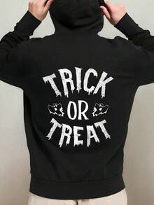1pc Men'S Halloween Hooded Sweatshirt - Trick Treat Graphic With Bats & Spiders, Oversized Loose Fit Pullover, Long Sleeve Casual Hoodie For AutumnWinter, Comfortable Spooky Party Outfit, Drawstri,Fall Hoodies,Men's Fall Clothes,Street Wear,Halloween,Mens Hoodies,Y2k Clothes,Jesus Hoodie,Thanksgiving Day,Nightmare Before Christmas,Christmas - Black - View 1