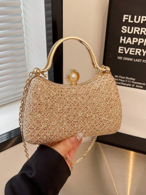 Bolsa de Embreagem de Casamento de Luxo Elegante, Bolsa de Ombro/Transversal Cintilante Única, Design de Estojo de Batom para Festa/Banquete