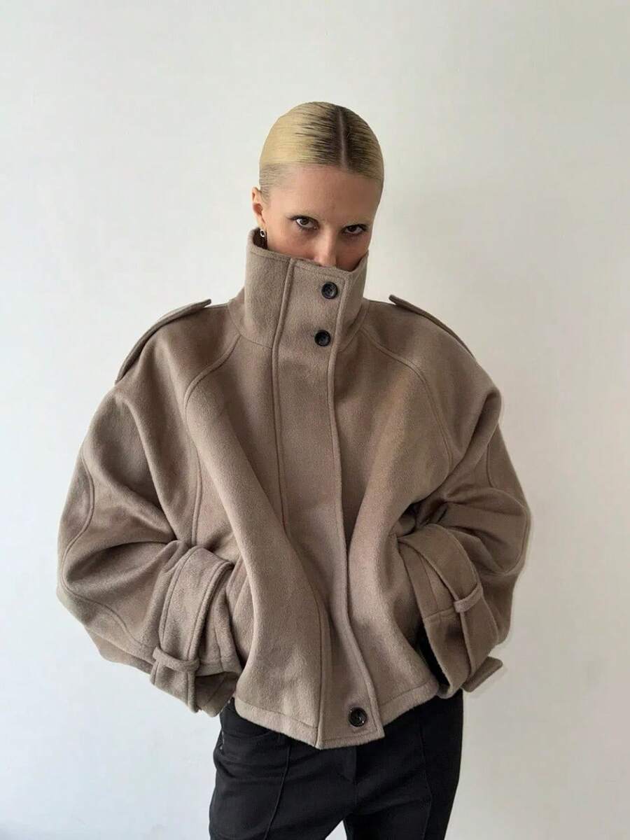 Abrigos de invierno para mujer, atuendo de San Valentín, chaqueta de mujer, chaqueta de tweed corta con cremallera y cuello alto. - Caqui - Ver 1