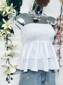 T110Blusa Cropped Elasticocom Babado - Branco - Visão 3