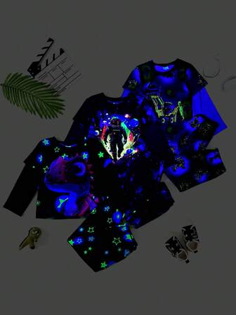 6pcs/Set Boys Casual Dinosaur, Astronaut, Excavator Printed Long Sleeve 2 In 1 Top And Star, Excavator Printed Pants, Glow In The Dark Outdoor Set, Autumn/Winter (Glow Effect Under UV Light)
