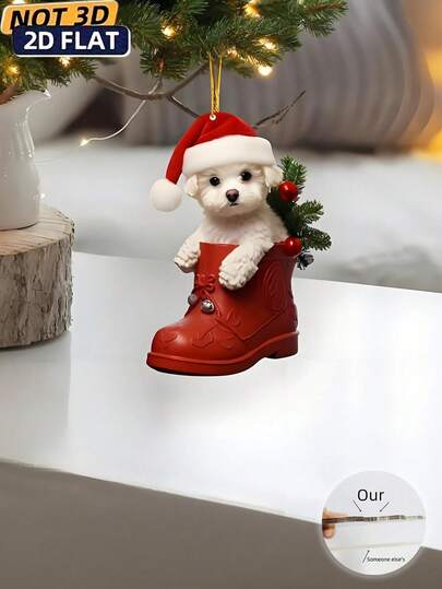Encantador adorno de árbol de Navidad de acrílico - Diseño de botas rojas y perro blanco, perfecto para la decoración navideña, dijes para mochilas y colgantes para el auto