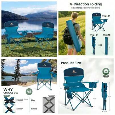 Set Of 2 Folding Camping Chairs With Cooler Bag Cup Holder Side Pocket Up To 120kg, Lightweight And Portable Camping Chair Adults, Blue