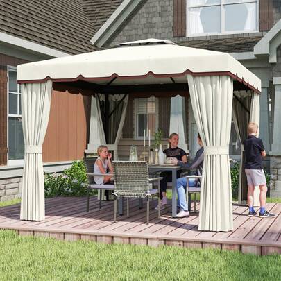 Outsunny 10' X 10' Outdoor Patio Gazebo Double Soft-Top Garden Shelter Tent With Beautiful Polyester Curtains, & Mesh Screen Drapes, Cream White