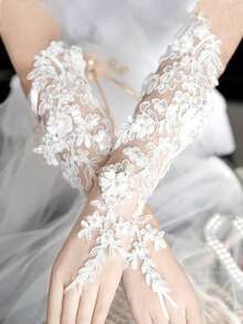 White Bridal Finger Ring Gloves, Suitable For Wedding, Party, Evening Dress Accessories (Rhinestone Decoration Random), Autumn Accessories, Polyester Fiber Material, Suitable For Wedding, Proposal, Photography And Other Occasions. - Multicolor - View 6